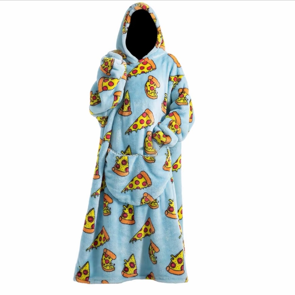 Adult Pizza Print Hooded Pajama Blanket - Blue